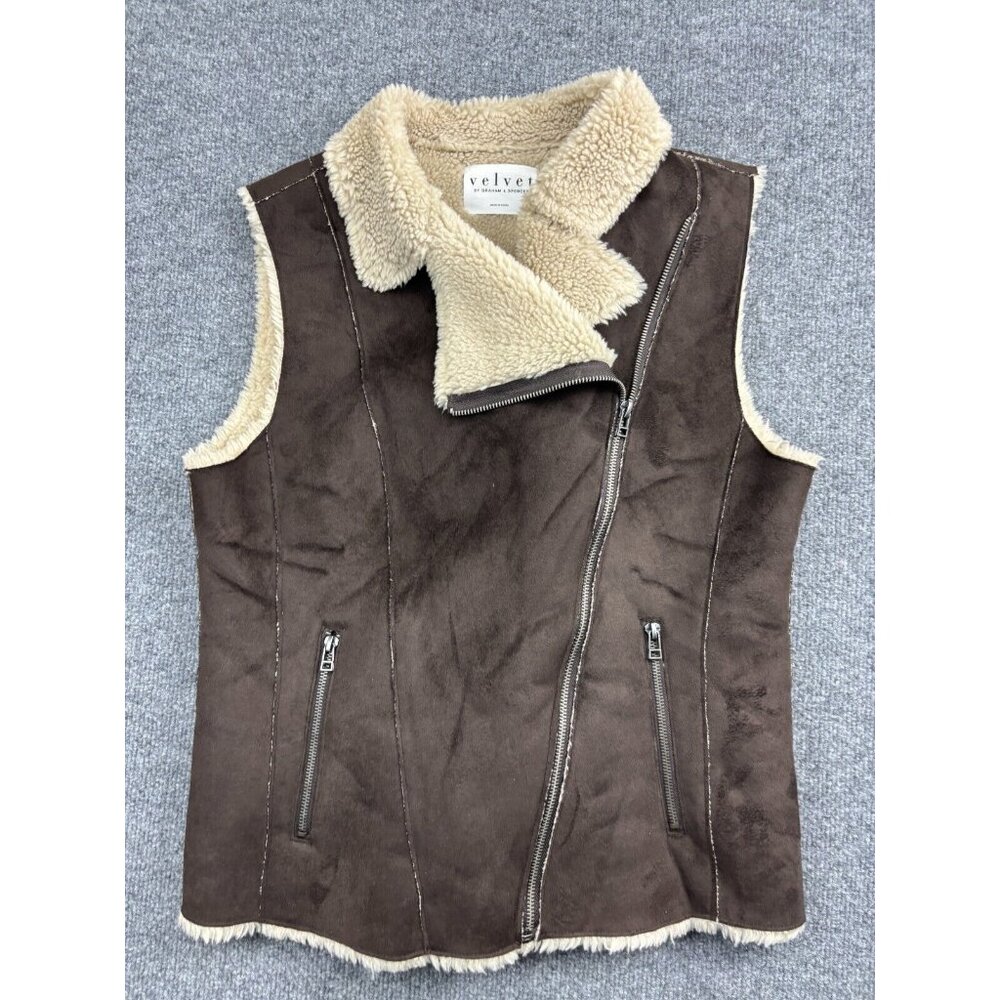 Velvet by Graham & Spencer Vest Women's M Brown Suede Faux Fur Lined Pockets